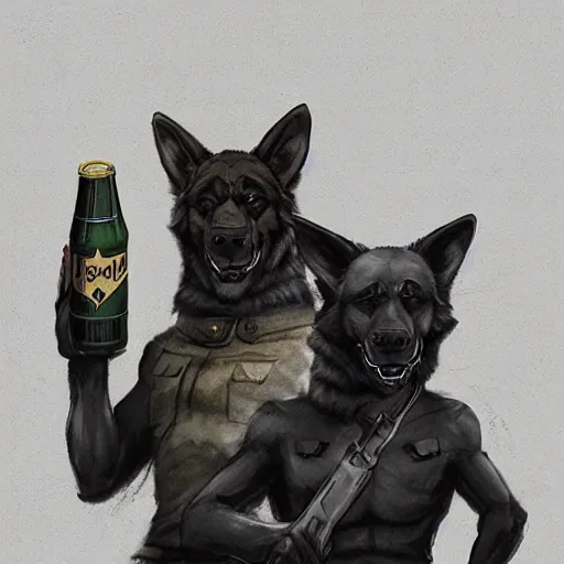 Prompt: two humanoid german shepherds beast - men in military style, they holding a beer, artstation, concept art, smooth, sharp foccus ilustration, artstation