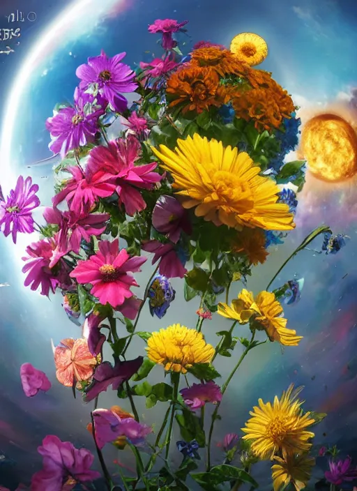 Image similar to An epic fantastic realism comic book style painting of the most beautiful flowers launched into space, bouquets, solar eclipse, fisheye, unreal 5, DAZ, hyperrealistic, octane render, dynamic lighting