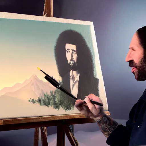 Image similar to a closeup photorealistic photograph of bob ross working on a canvas painting of marilyn manson. happy trees, mountain scape. film still. brightly lit scene. this 4 k hd image is trending on artstation, featured on behance, well - rendered, extra crisp, features intricate detail, epic composition and the style of unreal engine.
