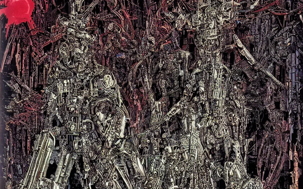 Prompt: techno - savage machine cult, perfect future, awarding winning digital art by philippe druillet