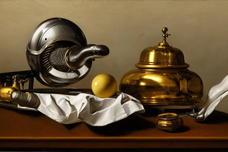 Image similar to still life painting of alien technology, by pieter claesz, oil on canvas, strong lighting, highly detailed, hyper realism, golden hour, god rays, hd, 4 k