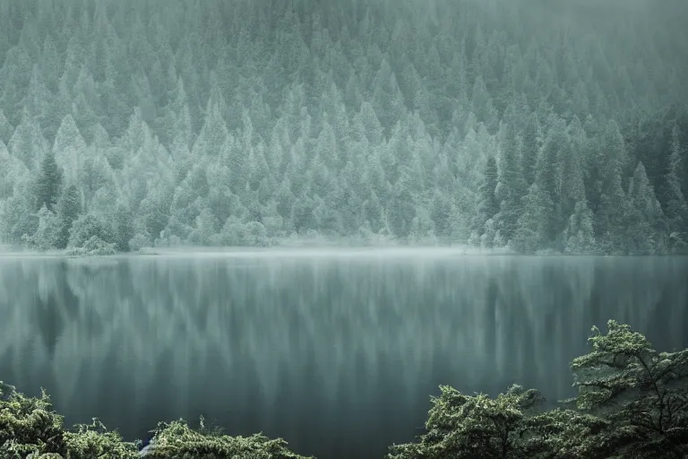 Image similar to a lake with mountains and a foggy forest in the background 50mm, hyperrealistic, moody, dark, ultra detailed, highly detailed, cinematic, dynamic lighting