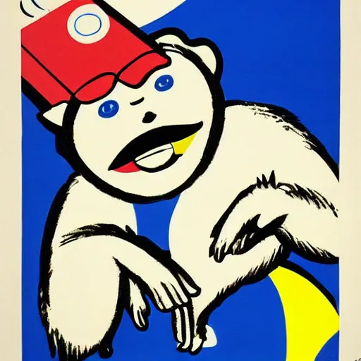 Prompt: lithographic poster of a mischievous monkey holding a / mobile phone /, blue and yellow colors, advertising art, pop art, roy lichtenstein