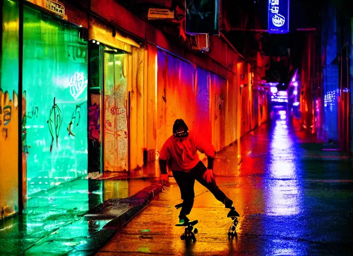 Prompt: a person with long, flowing hair skateboards through an empty neon philadelphia in the rain, colored gel lighting, reflective surfaces, midnight, portra, film grain, reminiscent of blade runner, dynamic