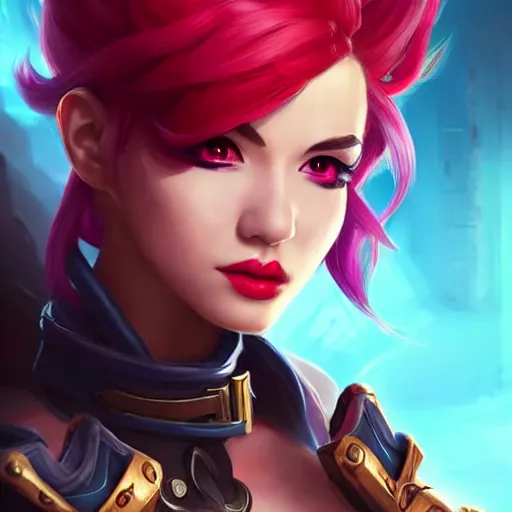 Image similar to portrait of Vi from League of Legends, by Fortiche Studio, by Riot Games, from Netflix's Arcane, trending on artstation,fine details, realistic shaded, fine-face, Steampunk city on the background, red hair, painted texture, pretty face,by Artgerm