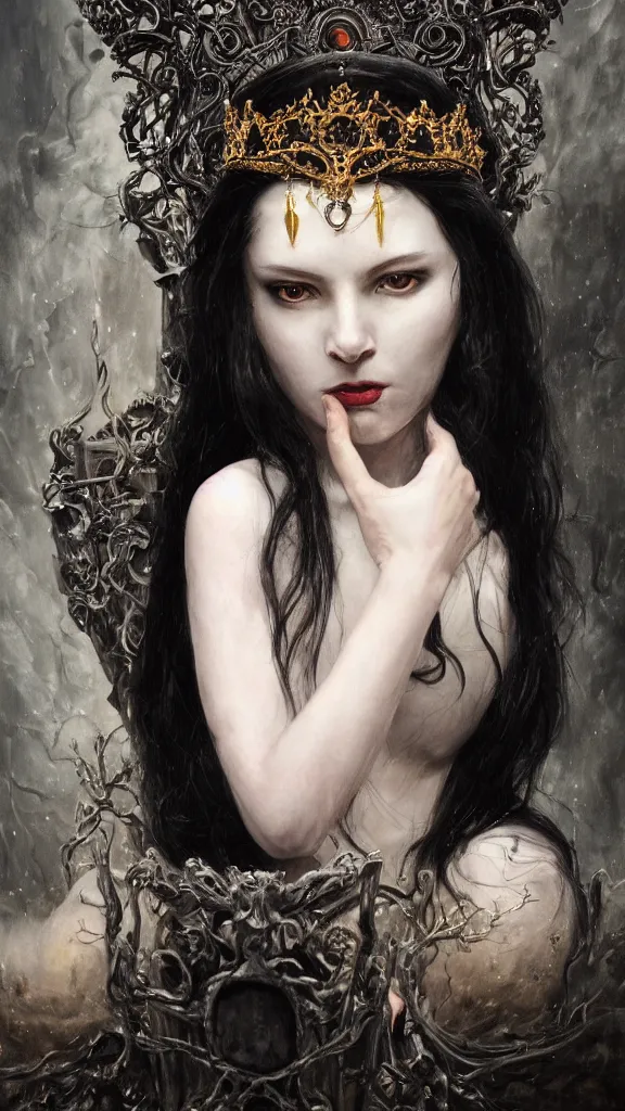 Image similar to a beautiful black haired woman with pale skin and a crown on her head sitted on an intricate metal throne, intimidating woman, large black eyes, high forehead, smooth pale skin, ethereal skin, ominous, eldritch. oil painting by nuri iyem, james gurney, james jean, greg rutkowski, highly detailed, soft lighting, chiaroscuro