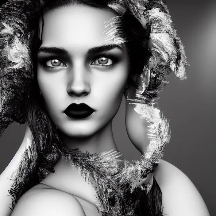 Image similar to young beautiful woman, gorgeous face, black and white photography, high fashion, full - body, 8 k, unreal engine 5, ultra sharp focus, art by victoria siemer, kirsty mitchell, laura zalenga