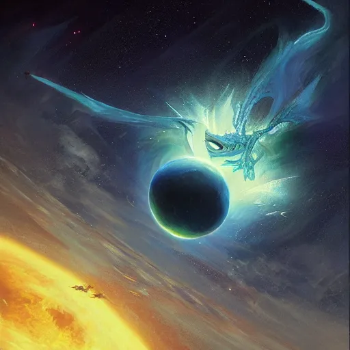 Prompt: Blue scaled dragon devouring an earth like planet while flying in space, sun system, nebula, oil painting, by Fernanda Suarez and Edgar Maxence and Greg Rutkowski