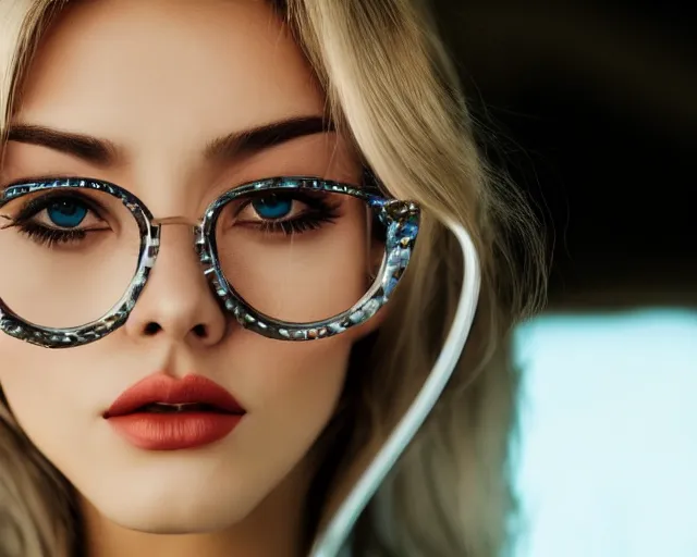 Prompt: the most beautiful blonde woman in the world wearing futuristic curved glasses, hyper realistic face, cinematic, close - up, hyper detailed, 8 5 mm photograph, 8 k resolution, film still, sharp lens, wide lens