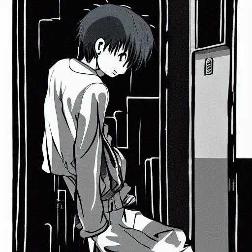 Prompt: Shinji Ikari crying outside the club cause they wouldn’t let him in, 35mm film
