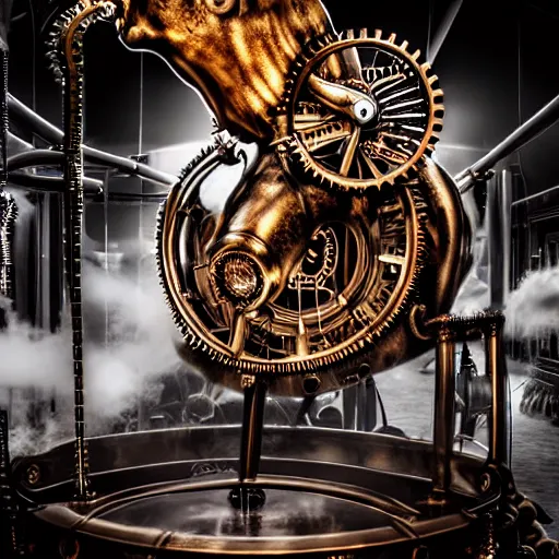 Image similar to a clockwork mechanical bull there are gears sticking out of the mechanical bull steam emanates from the robotic bull and thick clouds of steam swirl around the clockwork bull, ultra high detail, high particle effects, highly reflective surface, realistic reflections