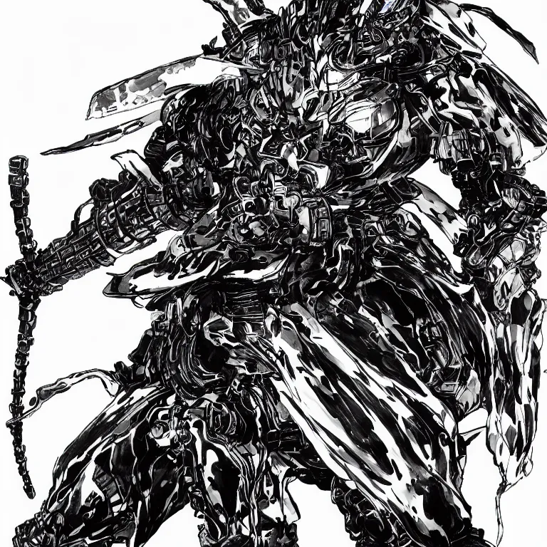 Prompt: a drawing of a flaming cybernatic samurai, blue armor, water, by yoji shinkawa and tsutomu nihei, detailed art, highly detailed, trending on artstation