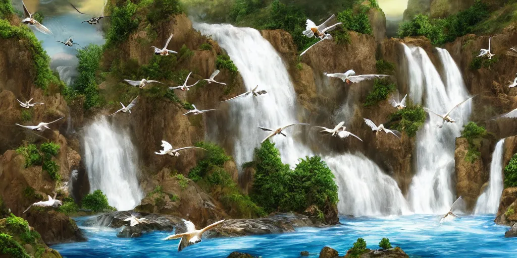 Image similar to a flock of seagulls fly over a majestic waterfall, realistic, detailed,