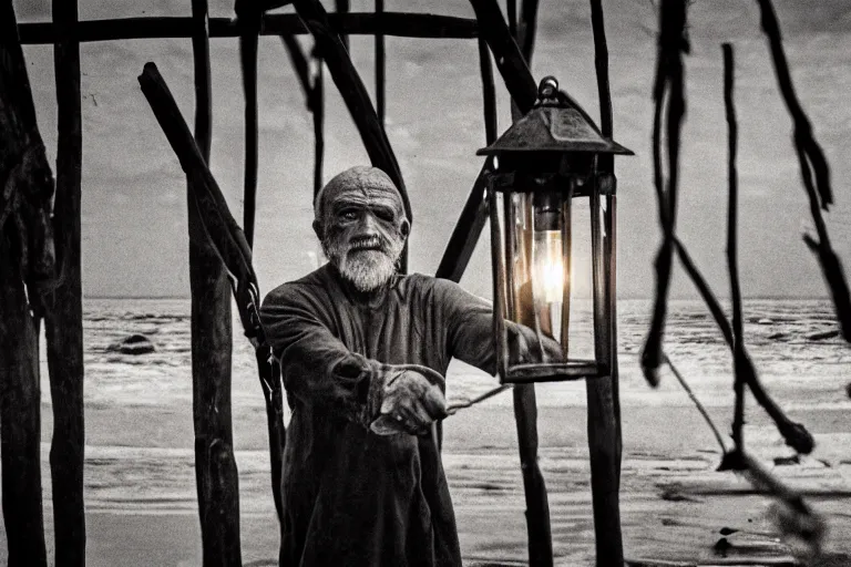 Image similar to closeup old man holding up a lantern on the beach in a pirate bay meet to a old wood shack by emmanuel lubezki