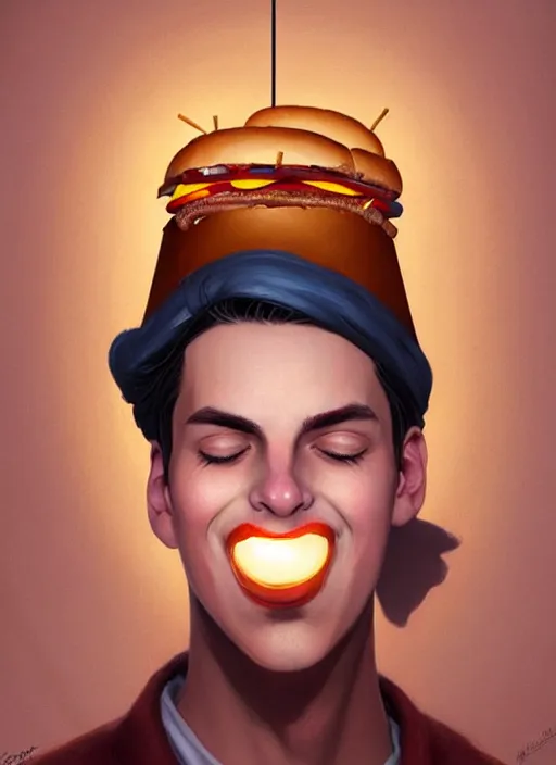 Image similar to portrait of jughead jones, eating a hamburger, wearing a crown, eyes closed, intricate, elegant, glowing lights, highly detailed, digital painting, artstation, concept art, smooth, sharp focus, illustration, art by wlop, mars ravelo and greg rutkowski