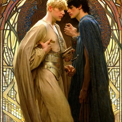 Image similar to arthur pendragon and merlin. focus on their faces. highly detailed painting by gaston bussiere, j. c. leyendecker, alphonse mucha, greg rutkowski, 8 k