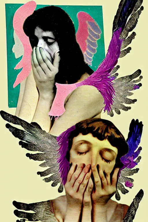 Image similar to a young adult angelgirl soft crying with lots of hands on her face and ratty feathered angel wings, stressed and burnt out, collage by kurt schwitters and eileen agar