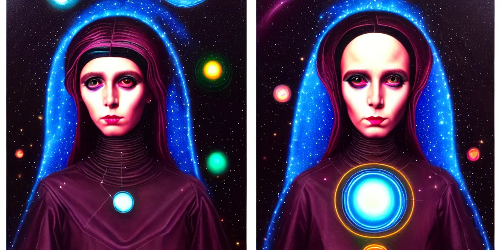 Image similar to patron saint of 🛸🌈👩🏾, futuristic gothic clothing, wormhole, nebula, black hole, aries constellation, multiverse, neon god of city character portrait, in the style of margaret keane, moebius, tom bagshaw, and waterhouse, cinematic lighting, beautiful, elegant, oil painting,