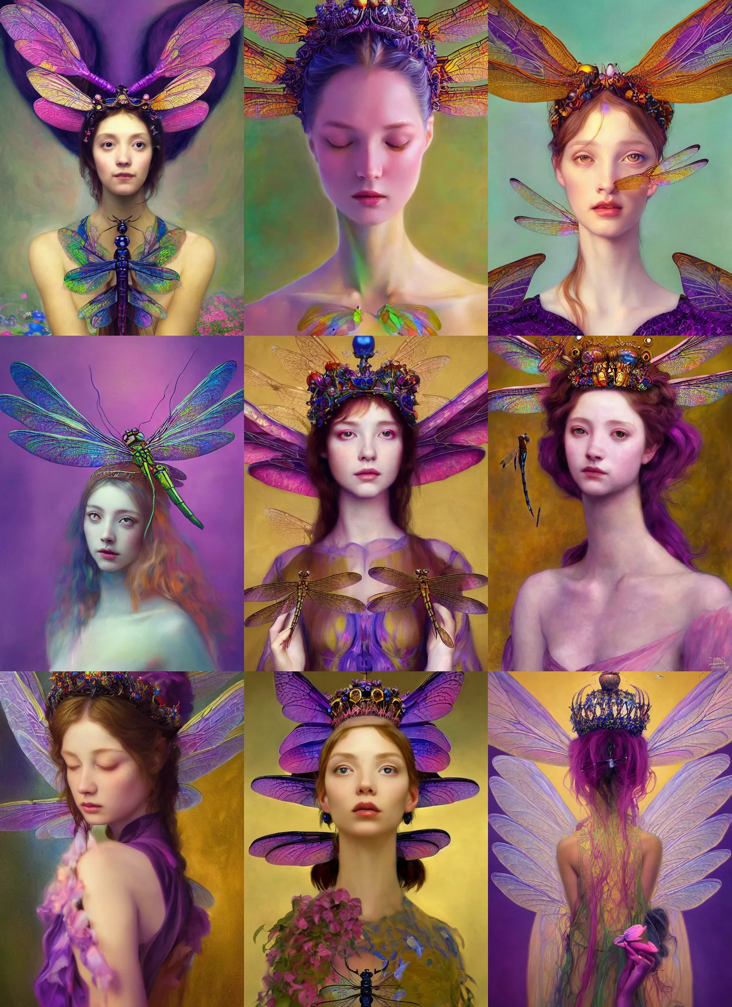 Prompt: a majestic portrait of an dragonfly wearing a crown, with beautiful wings made of many colors, titian, yanjun cheng, tom bagshaw, gustav klimt, rim lighting, high detail, artstation hd, intricate ornamental flourishes, iridescent purple navy pink and gold