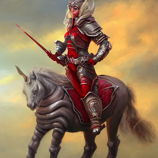 Prompt: girl with an unicorn horn and red wings, armor, dressed, ultrarrealistic, high detail, digital art, trending on artstation, style ted nasmith