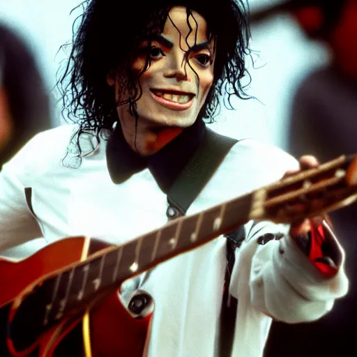 Prompt: a cinematic still of Michael Jackson performing at Woodstock, shallow depth of field, portrait, 40mm