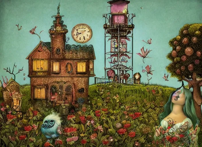 Prompt: a house with a tower, owl, birds, cheese, lowbrow in the style of mark ryden and john bauer,