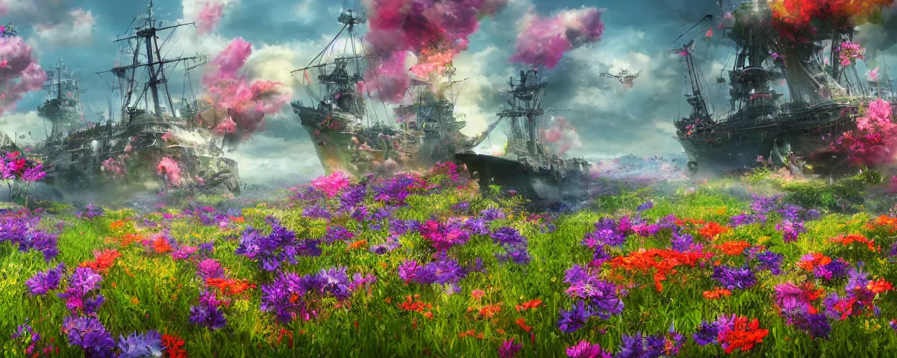 Image similar to a fantasy battle ship fly upon a sea of flowers, wide apertture, colorful, trending on artstation, 8 k resolution, ultra detailed, hyperrealism, unreal engine render