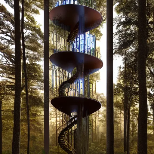 Prompt: Hyper realistic, very high helix shaped observation tower made by corten in forest, Future design, wide angle shot, architecture design, parametric architecture, environment, sunset, foggy, Cinematography, mega scans, cinematic, hyper realistic, photo real, cinematic composition, highly detailed, vray, 8k render