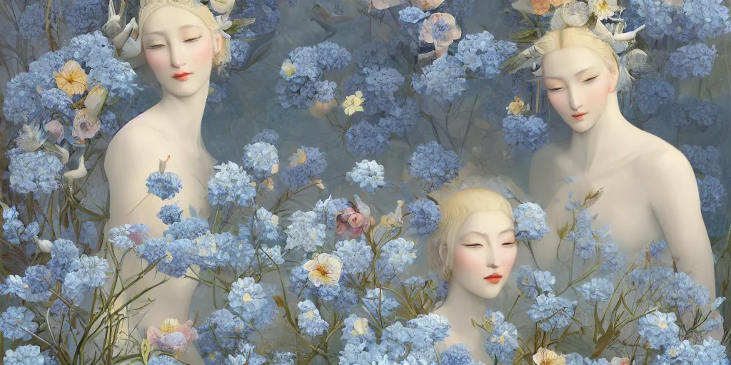 Image similar to breathtaking detailed concept art painting art deco pattern of blonde faces goddesses amalmation light - blue flowers with anxious piercing eyes and blend of flowers and birds, by hsiao - ron cheng and john james audubon, bizarre compositions, exquisite detail, extremely moody lighting, 8 k