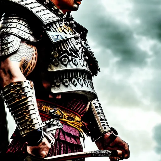 Image similar to asian dwayne johnson as a noble samurai paladin in shining armor, intricate fractal armor, cinematic, studio photography, high detail, ultra high detail, 4 k, hdr, 8 k