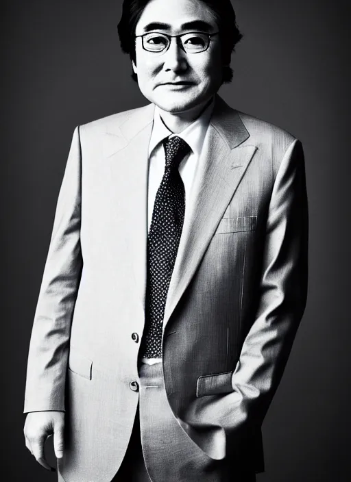 Image similar to nintendo ceo satoru iwata as an old man by jatenipat ketpradit and annie leibovitz and steve mccurry and richard avedon, award winning photo, portrait, black and white, emotional