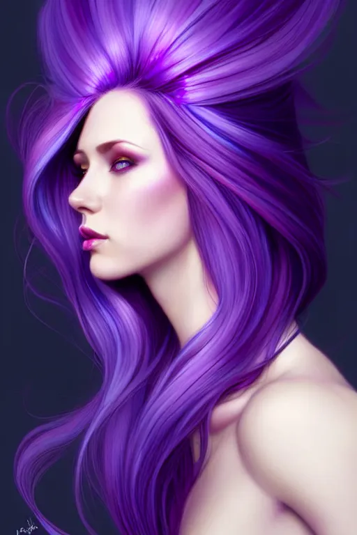 Image similar to Purple hair relistic Portrait of a woman with bright colored flying hair, all shades of purple. Hair coloring, long hair, blue eyes, fantasy, intricate, elegant, highly detailed, digital painting, artstation, concept art, smooth, sharp focus, illustration, art by artgerm and greg rutkowski and alphonse mucha