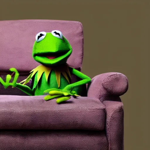 Prompt: candid photo of kermit the frog sitting on the couch holding a bong, kermit the frog in ted ( 2 0 1 2 ) bong rip, kermit the frog, high resolution photo, trending on artstation, interior design, bong!!!!,