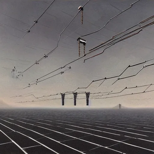 Prompt: A beautiful hyper realistic detailed painting of a chain of blocks, a cybernetic hybrid of 2 gigantic tall skyscaper sized quantum computers and a block espresso machine on a vast black granite tarmac, connected by gold and silver cables and chains, by Beksinski, beeple, unreal engine, computer hardware commercial photography