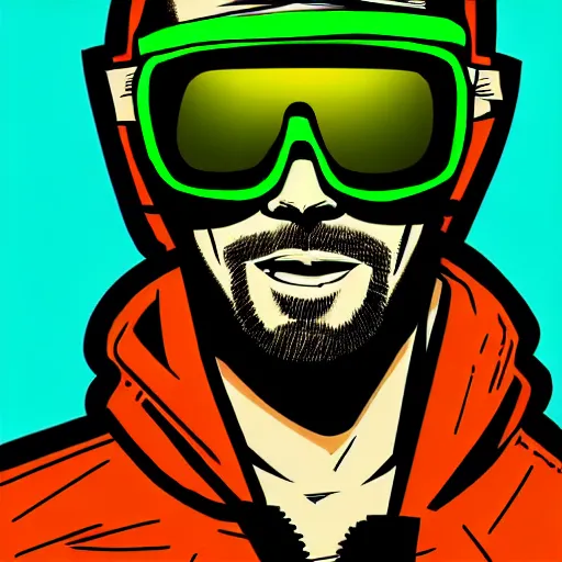 Prompt: character portrait design guy denning, tim doyle green mercenary grungy hooded sunglasses handsome smiling figure heroic!! nunchucks!! bold outline sharp edges. elegant, neon colors, dynamic angle, intricate highly detailed complexity, epic composition, symmetry, cinematic lighting masterpiece