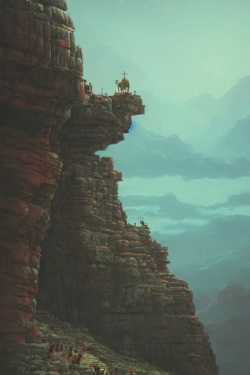 Image similar to ancient temple on a rocky cliff overlooking green canyon, shooting stars in the night sky, dramatic lighting, artstation, matte painting, ralph mcquarrie, simon stalenhag