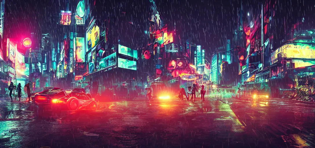 Prompt: cyberpunk look of Small outdoor carnival, rain, night, flying cars, digital art, 8k, many details