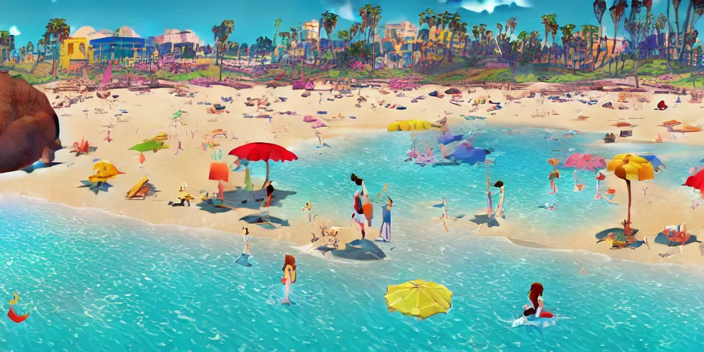 Image similar to a film still of a sunny and colourful beach scene in santa monica, los angelos, wide shot, waist up, wes anderson, studio ghibli, pixar and disney animation, sharp, rendered in unreal engine 5, anime key art by greg rutkowski, bloom, dramatic lighting