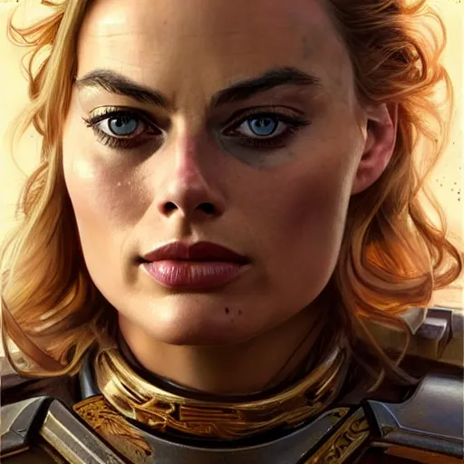 Image similar to Margot Robbie's face combined with Jennifer Anniston's face as a Space Marine, western, D&D, fantasy, intricate, elegant, highly detailed, digital painting, artstation, concept art, matte, sharp focus, illustration, art by Artgerm and Greg Rutkowski and Alphonse Mucha