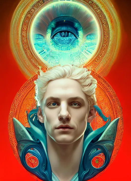 Prompt: the pale blond sun god apollo smirking, full body shot, sci fi, glowing eyes, volumetric lights, red and cyan theme, art nouveau botanicals, intricate, highly detailed, digital painting, artstation, concept art, smooth, sharp focus, cinematic, illustration, beautiful face, art by artgerm and greg rutkowski and alphonse mucha