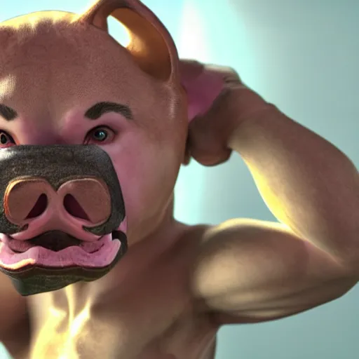 Image similar to Live Action Still Man With Pig Head As Boxer with his hands raised in victory, real life, hyperrealistic, ultra realistic, realistic, highly detailed, epic, HD quality, 8k resolution, body and headshot, film still,Exquisite detail, post-processing, masterpiece, Cinematic Lighting, Unreal Engine, 8k, HD