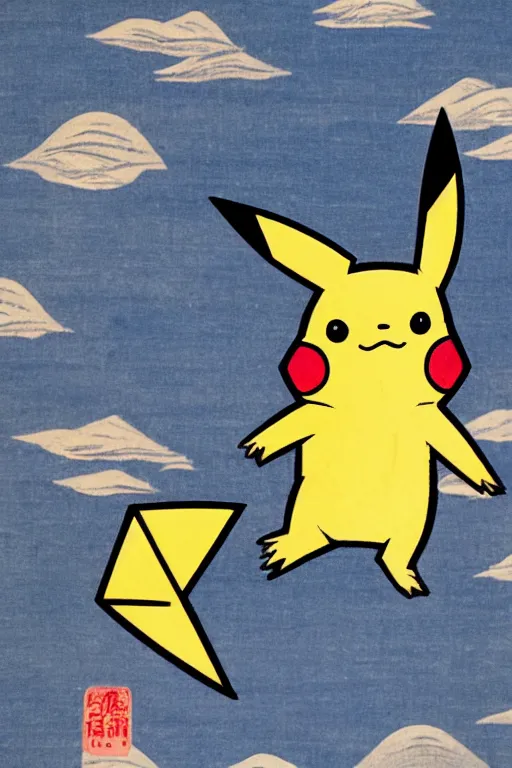 Image similar to surfing Pikachu, ukiyo Japanese woodblock print