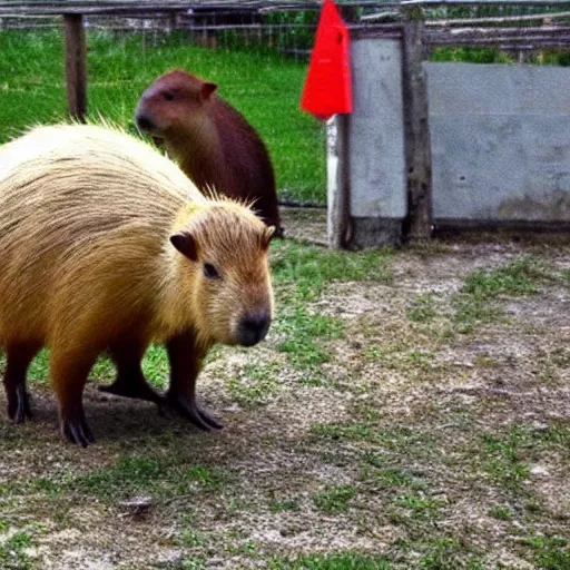 Image similar to photo taken on a bad camera of a capybara dressed as a kid looking bad and with envy at the camera