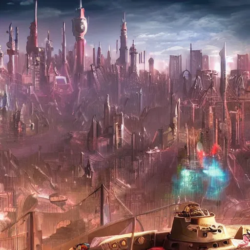 Prompt: The robot city, a fantasyland full of robots in a surrealistic city in digital wasteland in the future