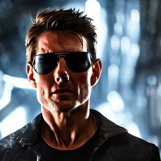 Prompt: film still of tom cruise as the terminator in terminator 8 ( 2 0 2 3 )