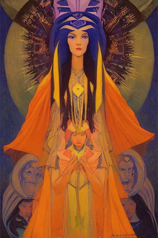 Image similar to queen of twilight with stars in her hair by Nicholas Roerich and Annie Swynnerton and Diego Rivera and jean delville, dramatic cinematic lighting , ornate headdress , flowing robes, sacred artifacts, lost civilizations, smooth, sharp focus, extremely detailed