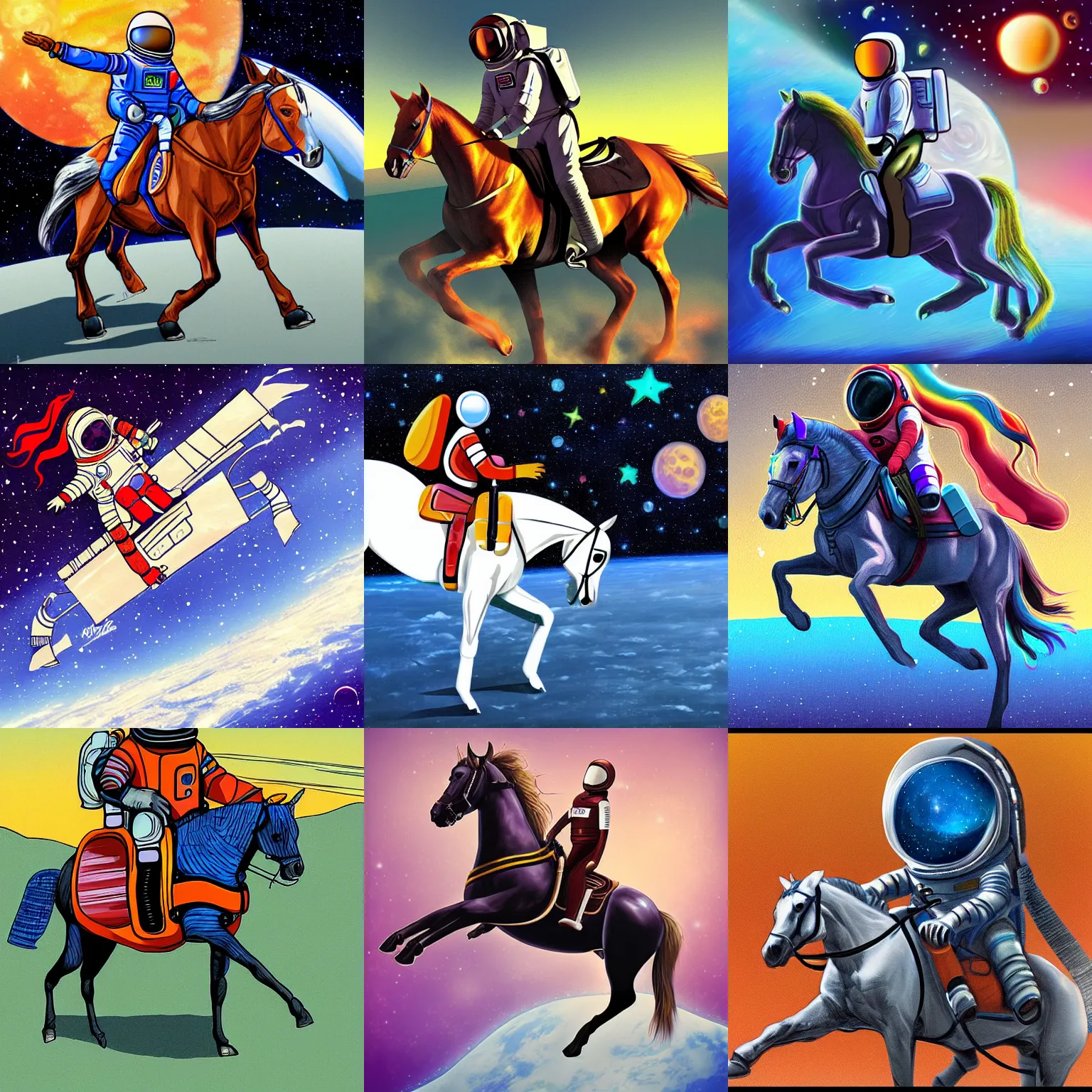 Prompt: horse riding on astronaut - looking spaceship. digital painting by kirby