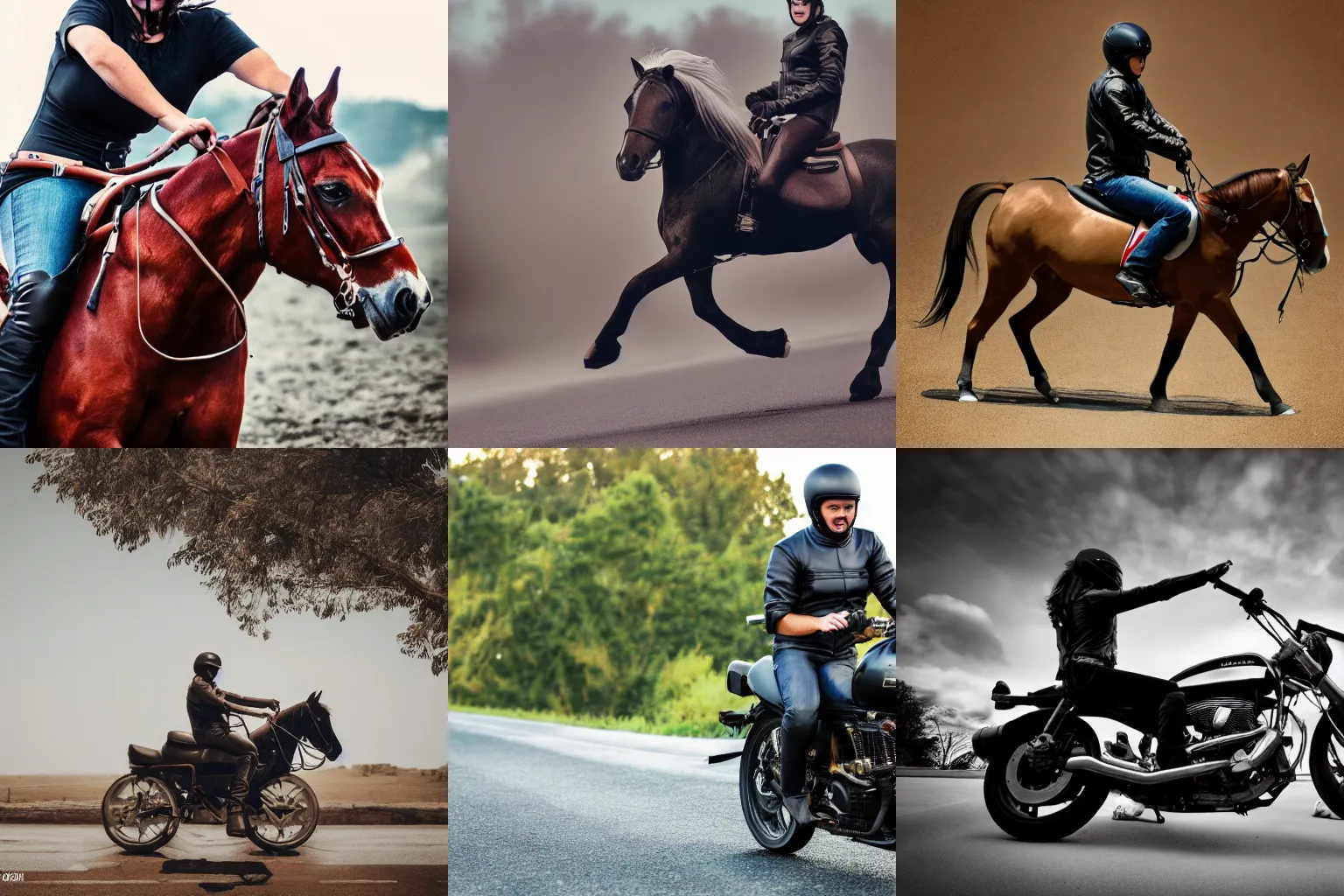 Prompt: a horse riding a motorcycle, 4k, DSLR photo, cinematic