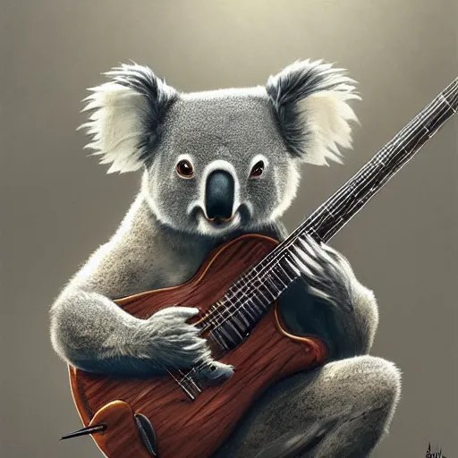 Image similar to Koala playing a guitar, highly detailed, fantasy art, in the style of greg rutkowski, illustration, epic, fantasy, intricate, hyper detailed, artstation, concept art, smooth, sharp focus, ray tracing