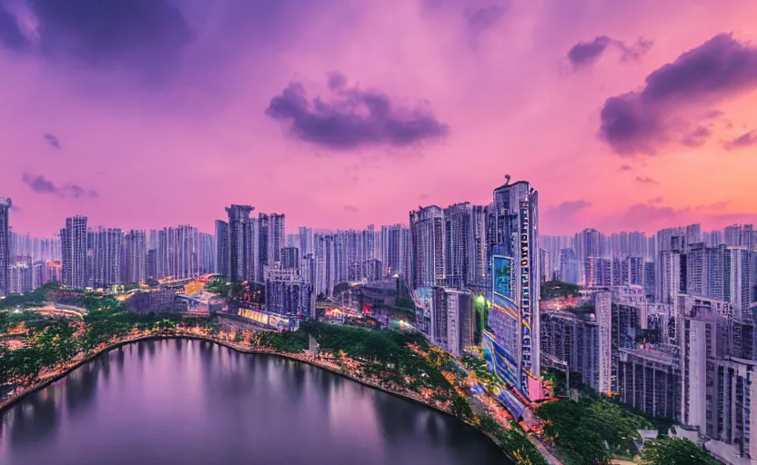 Prompt: a photo of guangzhou, river, sunset, purple sky, cinematic, 8 k, highly - detailed